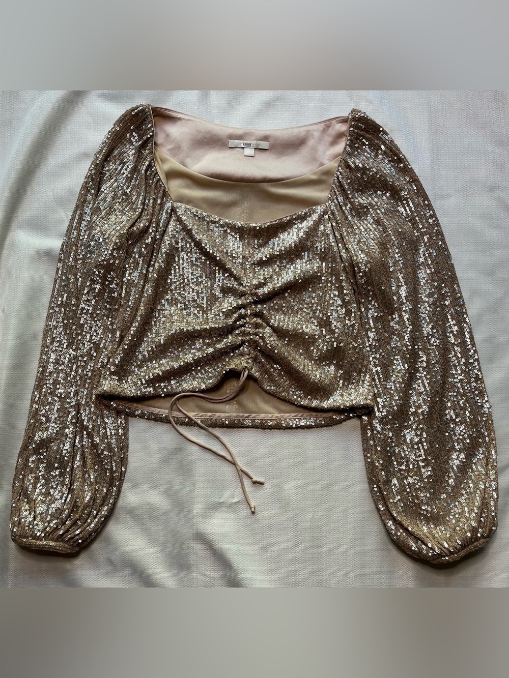 Simkhai Top Champagne Sequin Ruched Crop Puff Sleeves Party Glam Evening Blouse